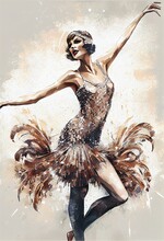 Illustration Of A Dancing Person Flapper Girl Young Woman Dancing Sequins Dress Ballerina, Generative Ai