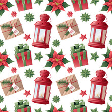 Christmas Seamless Pattern With Gifts, Lantern, Poinsettia On A White Background. Festive Texture For Wrapping Paper, Scrapbooking, Fabric, Wallpaper