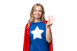 Super Hero English woman over isolated background happy and counting three with fingers