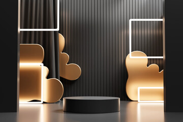 Poster - 3D rendering abstract black and gold platform podium product presentation backdrop