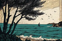 Woodcut Oceanside Beach Tree Winy Waves, Birds Texture  Art, Generative Ai