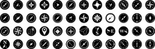 Compass Icon Collection. Vintage Marine Wind Rose, Nautical Chart. Monochrome Navigational Compass With Cardinal Directions Of North, East, South, West. Geographical Position. Vector Illustration