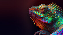 Close Up Of A Colorful Chameleon, Rainbow, Shimmering, Reptiles, Wildlife, Goad, Illustration, Space For Text
