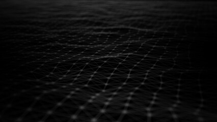Poster - Wave of digital particles on a black background. Abstract interlacing lines and points. Digital connection of elements. Simulation of the movement of small particles. 3D rendering.