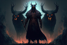 Evil Sorcerer Standing Among His Demonic Wolves
