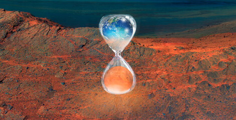 Poster - Global warming concept - Planet Earth is becoming a dead planet like Mars - Surface of the Planet Mars in the background  