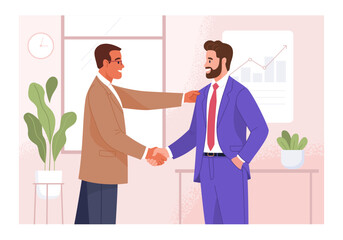 Wall Mural - Meeting of businessmen. Vector cartoon illustration in a modern flat style of two caucasian men in suits shaking hands. Isolated on the background of the office interior