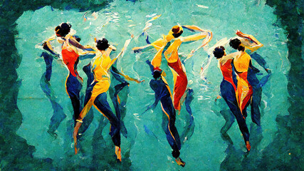 old vintage styled synchronized swimming sport, poster themed illustration