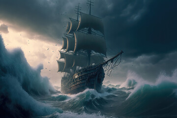 AI generated image of an ocean sailing ship in distress, struggling to stay afloat, in a heavy storm with big waves	
