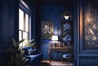 © BubertArt - Living room indigo blue interior, digital illustration