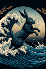 Wall Mural - Black rabbit jumping on the great wave, black water rabbit, Hokusai drawing style, AI generated image