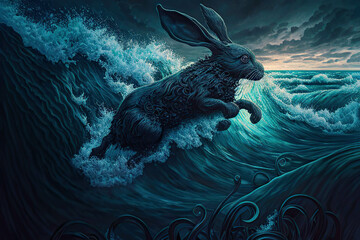 Wall Mural - Black rabbit in the high waves, fantasy art, Year of the Black Water Rabbit, AI generated image