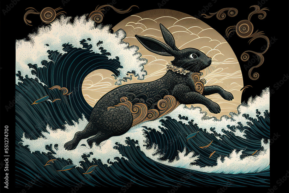Rampant Rabbit Wave Black patterned rabbit jumping on the great wave, black water rabbit ...