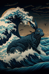 Wall Mural - Black rabbit on the great wave, black water rabbit, sky and birds background, Hokusai style, AI generated image