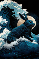 Wall Mural - Black rabbit on the wave, black water rabbit, dark background with the sun, Hokusai style, AI generated image