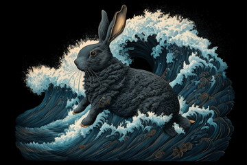 Wall Mural - Black rabbit in the ocean waves, black water rabbit, black background, Hokusai style, AI generated image