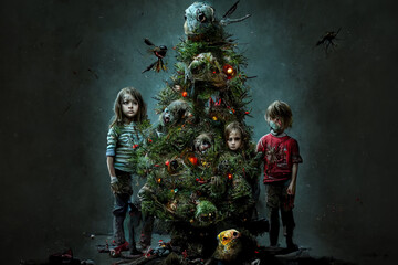 Demonic horror scene of young children decorating their satanic scary horror style christmas tree.