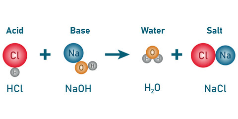 Acid and base reactions. Neutralization reaction. HCl and NaOH reaction. Scientific vector illustration isolated on white background.