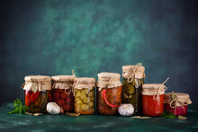 Pickled Vegetables In Glass Jars.