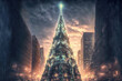 Fantasie Weihnachtsbaum Hintergrund in einer Fantasie Weltstadt mitten auf der Strasse mit Beleuchtung und Schmuck AI Art AI Digital Illustration Background Backdrop 
