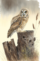 Wall Mural - Short Eared Owl sat on a tree stump in the long grass