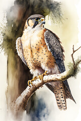 Wall Mural - Peregrine Falcon resting on a branch high up in in tree.