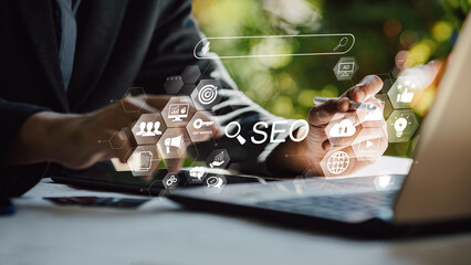 Wall Mural - person working with computer laptop for manage search engine optimization : seo with social media co