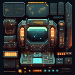 spaceship interior in space with control panel digital screens.