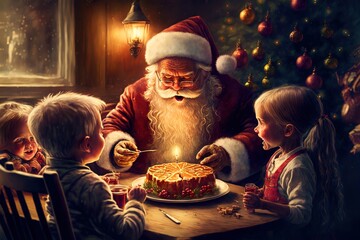 Family celebrating christmas with santa claus