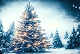 Fototapeta Natura - Christmas snow background. Xmas tree with snow decorated with garland lights, holiday festive background