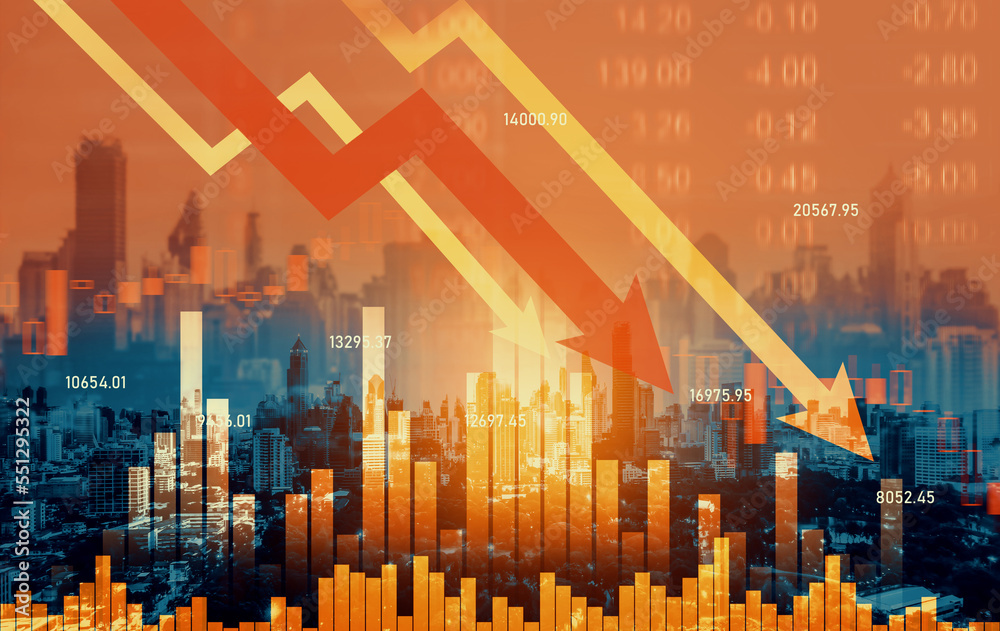 Economic crisis concept shown by declining graphs and digital ...