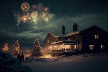 Exterior Shot Of Christmas Celebration, Fireworks In Sky, Snow, Night Shot 