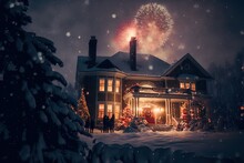 Exterior Shot Of Christmas Celebration, Fireworks In Sky, Snow, Night Shot 