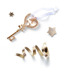 Wall Mural - elements for christmas design. christmas decoration magic golden key and golden christmas stars on a