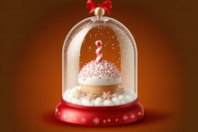 Glass Snow Globe Christmas Decorative Design. Podium Under Transparent Glass Dome With White Snowdrift, Glow Garland. Xmas Red Round Scene