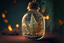 Merry Christmas And Happy New Year Concept, Close Up, Elegant Christmas Tree In Glass Jar Decoration.