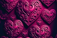 Pattern Of Viva Magenta Romantic Hearts On Monochrome Background