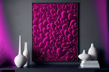 Pattern of viva magenta romantic hearts on monochrome background