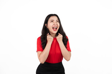 Wall Mural - Female sports fan isolated, confident asian soccer fans wearing red t-shirt isolated on white background. Happy, shock, win, victory