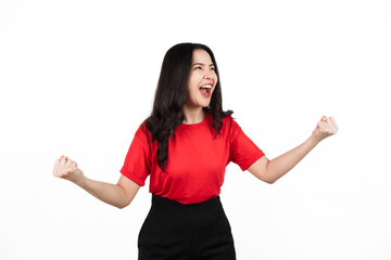 Wall Mural - Female sports fan isolated, confident asian soccer fans wearing red t-shirt isolated on white background. cheerful, victory, win, surprise