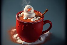 Red Mug With Hot Chocolate With Melted Marshmallow Snowman