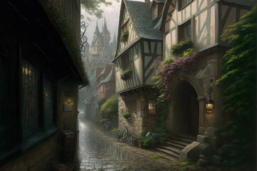 AI generated image of the town square of a fantasy medieval town, with various shops