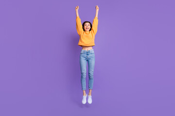 Poster - Full body length photo of young excited crazy girl arms up celebrate her win competition best first place tournament isolated on purple color background