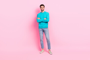 Poster - Full body photo of handsome young man crossed arms confident posing dressed stylish blue garment isolated on pink color background