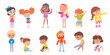 Kids dressing up set, isolated confident adorable girls and boys put up clothes by himself
