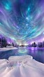 Beautiful winter solstice landscape, violet and icy blue northern lights reflecting in the lake. Merry Christmas and happy new year greeting card background.