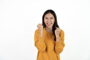 Happy excited woman celebrate success isolated on white background.