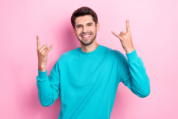 Poster - Photo of young smiling music lover student handsome bristle beard man wear blue sweater show finger rock roll sign isolated on pink color background