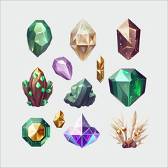 Leinwandbilder - Magic crystals, precious gemstones with glow and sparkles. Flat cartoon illustration isolated on gray background