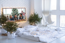 Decorated Bedroom For Christmas Holidays With Trees.